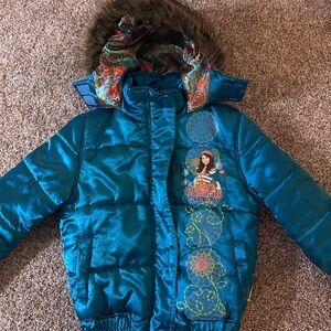 Y2K Teal Girls' Disney Wizard of Waverly Place Puffer Jacket with Faux Fur Hood